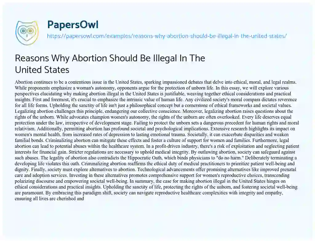 Essay on Reasons why Abortion should be Illegal in the United States