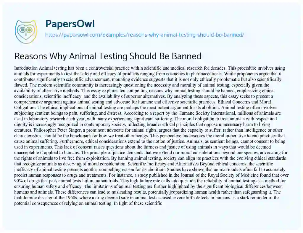 Essay on Reasons Why Animal Testing Should Be Banned