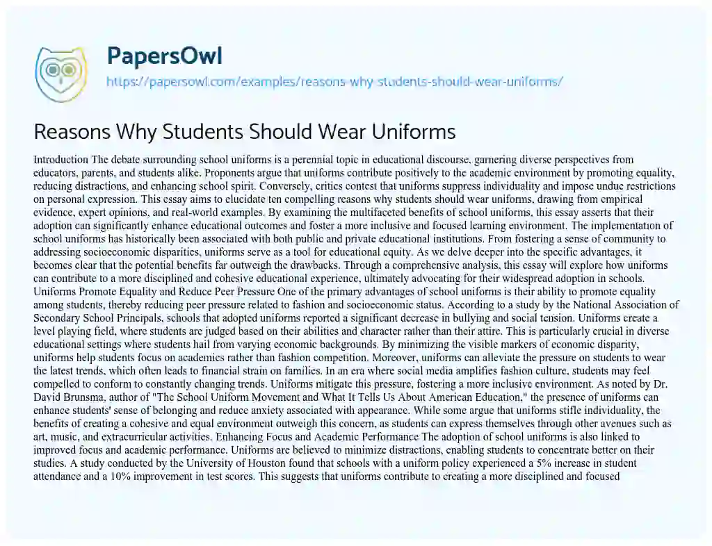 Essay on Reasons Why Students Should Wear Uniforms