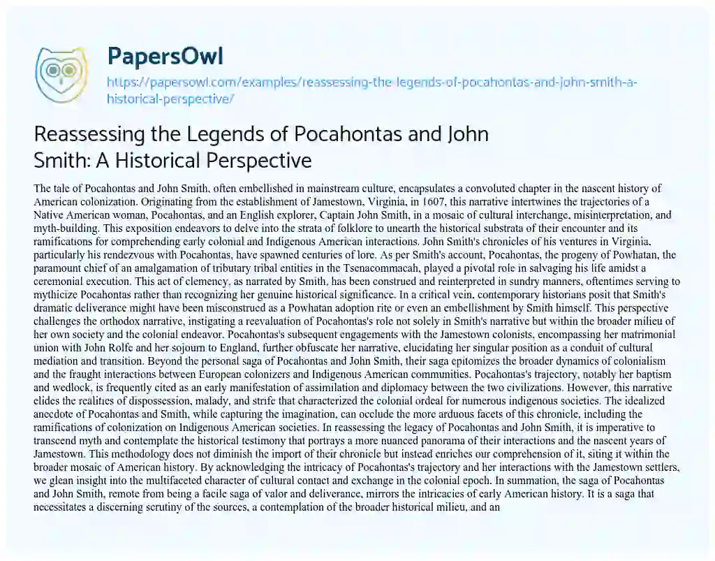 Essay on Reassessing the Legends of Pocahontas and John Smith: a Historical Perspective