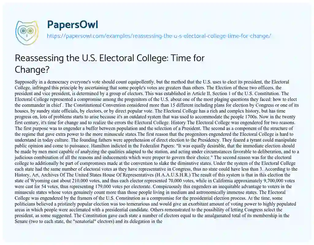 Essay on Reassessing the U.S. Electoral College: Time for Change?