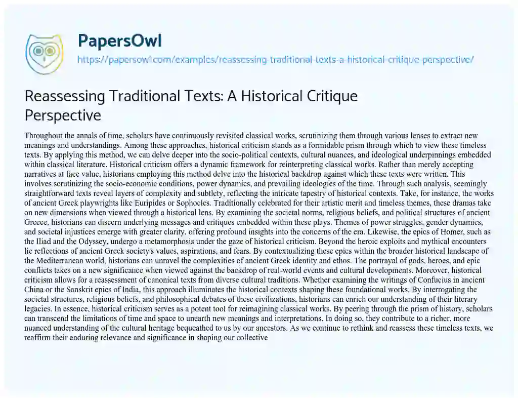 Essay on Reassessing Traditional Texts: a Historical Critique Perspective
