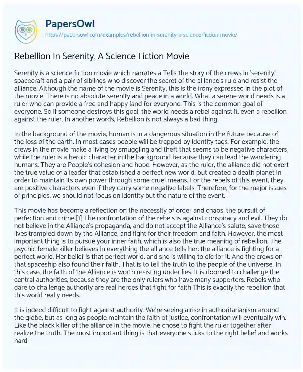 Rebellion in Serenity, a Science Fiction Movie essay