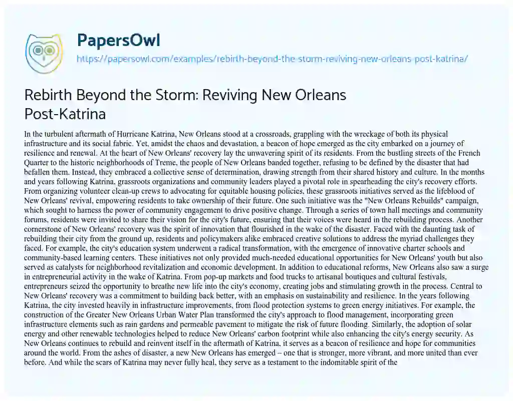 Essay on Rebirth Beyond the Storm: Reviving New Orleans Post-Katrina