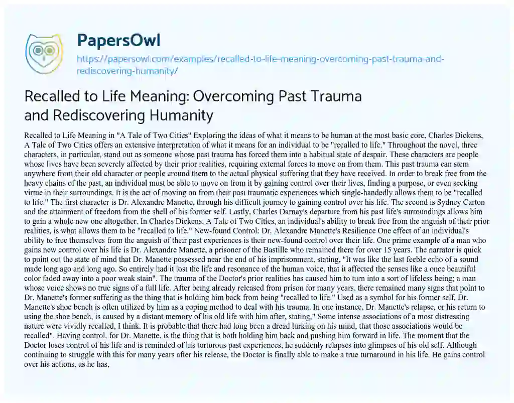 Essay on Recalled to Life Meaning: Overcoming Past Trauma and Rediscovering Humanity