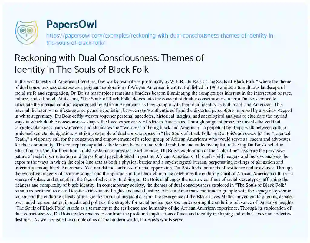 Essay on Reckoning with Dual Consciousness: Themes of Identity in the Souls of Black Folk