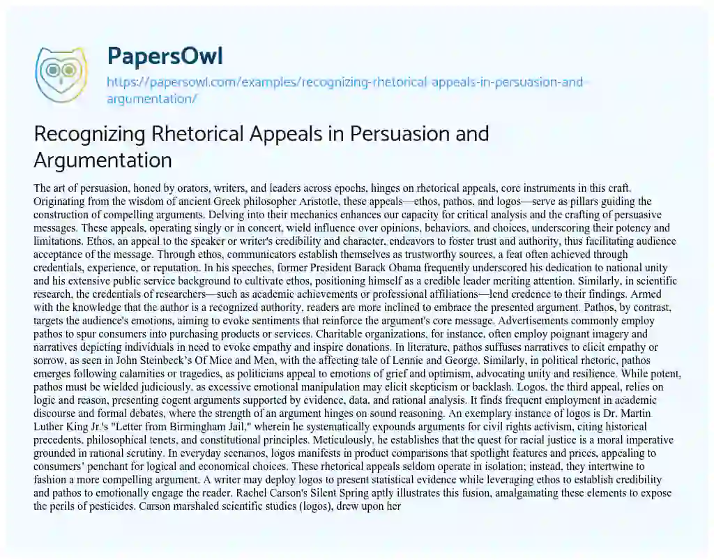 Essay on Recognizing Rhetorical Appeals in Persuasion and Argumentation