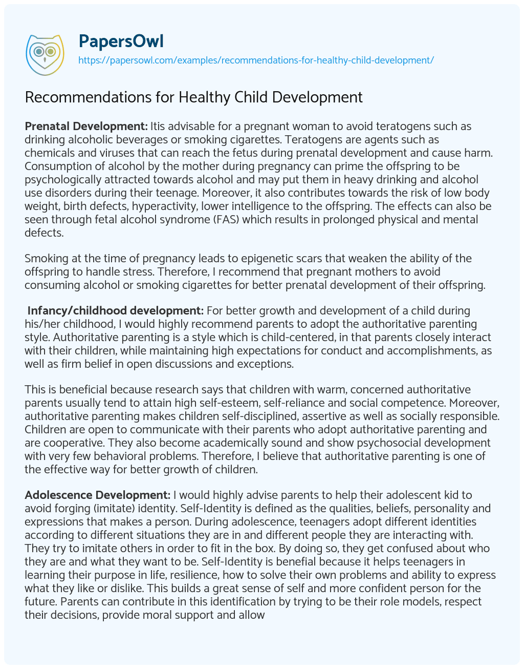 Essay on Recommendations for Healthy Child Development