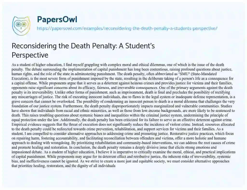 Essay on Reconsidering the Death Penalty: a Student’s Perspective