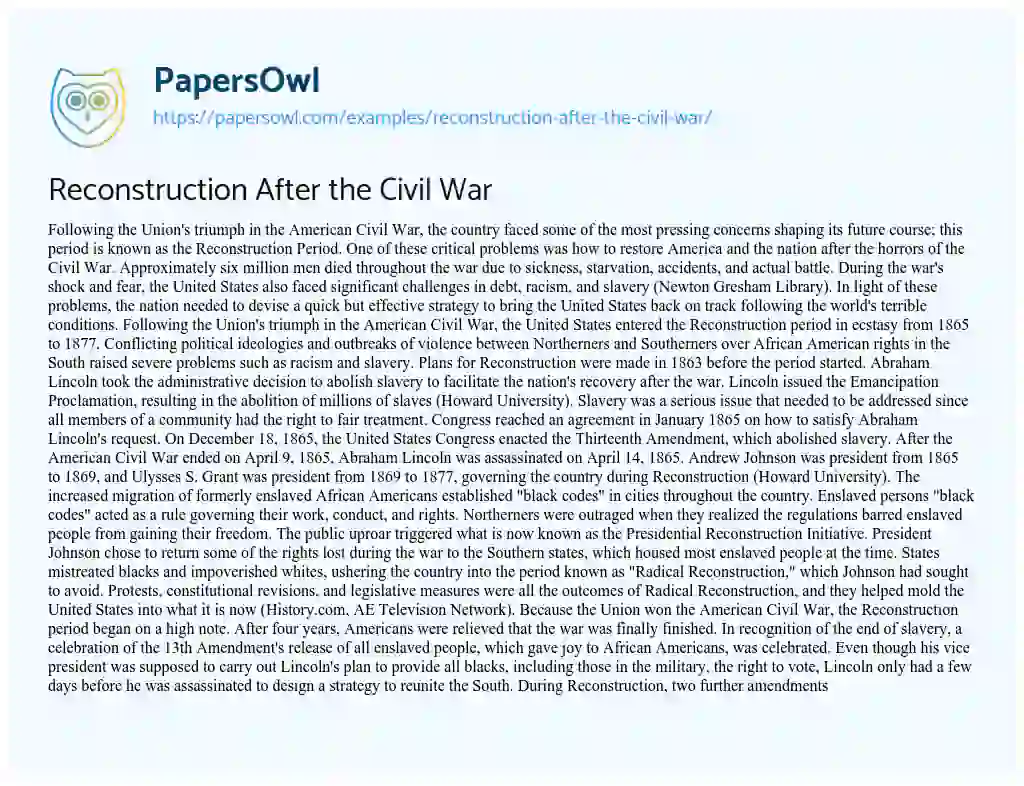 Essay on Reconstruction after the Civil War