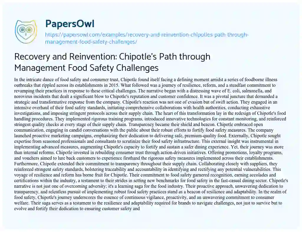 Essay on Recovery and Reinvention: Chipotle’s Path through Management Food Safety Challenges