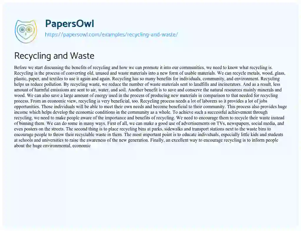 Essay on Recycling and Waste