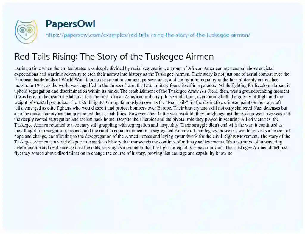 Essay on Red Tails Rising: the Story of the Tuskegee Airmen
