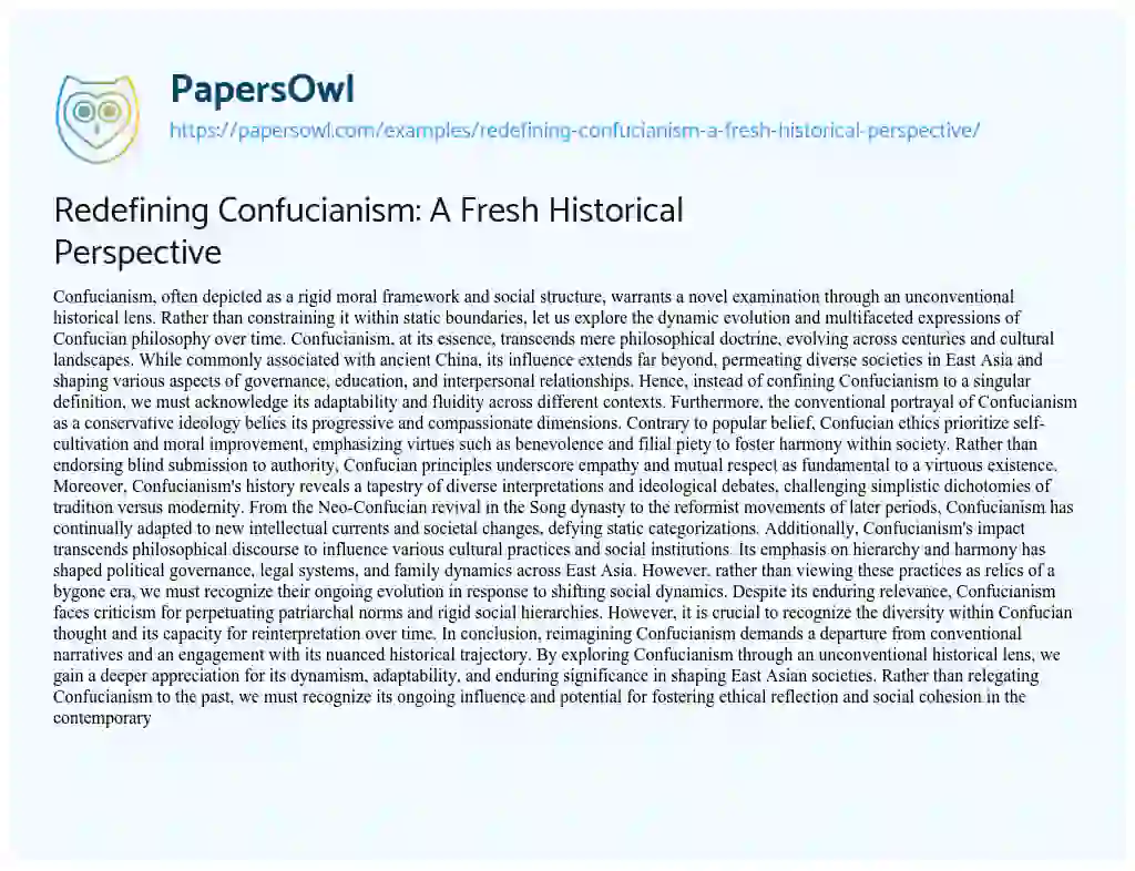 Essay on Redefining Confucianism: a Fresh Historical Perspective
