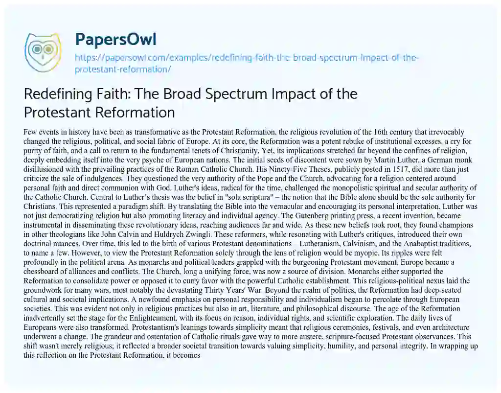 Essay on Redefining Faith: the Broad Spectrum Impact of the Protestant Reformation