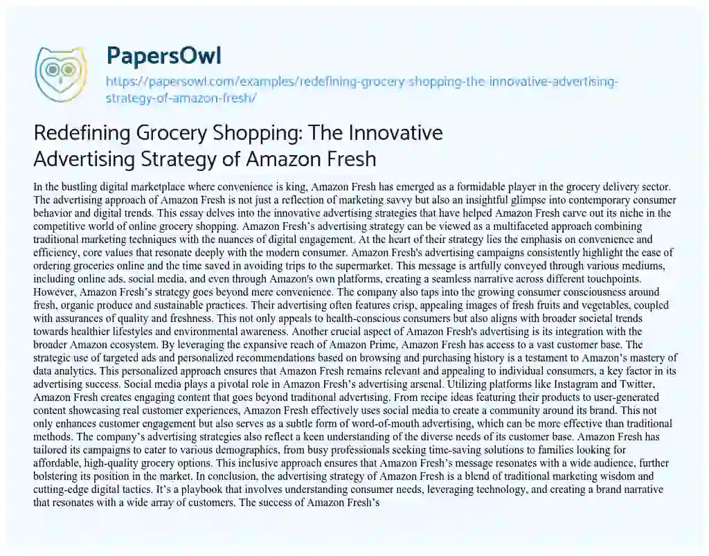 Essay on Redefining Grocery Shopping: the Innovative Advertising Strategy of Amazon Fresh