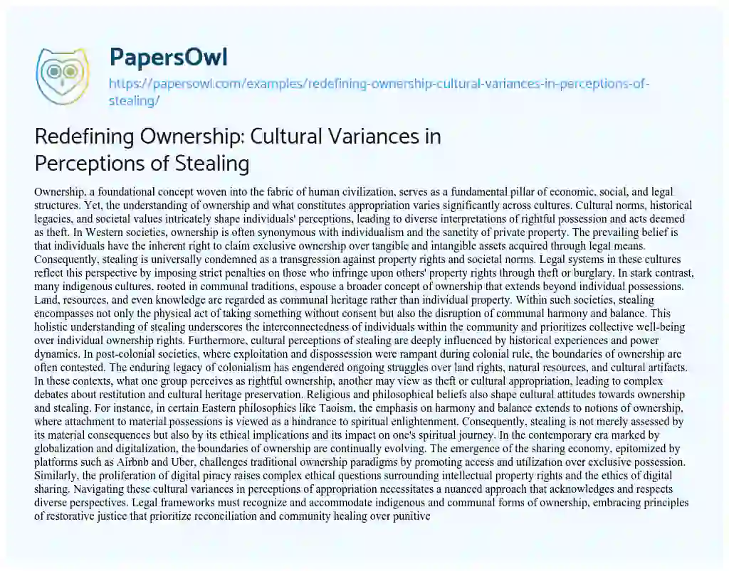 Essay on Redefining Ownership: Cultural Variances in Perceptions of Stealing