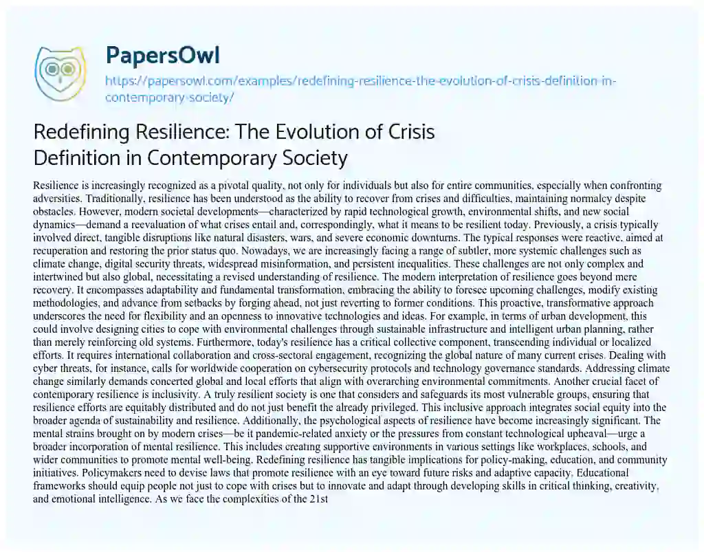 Essay on Redefining Resilience: the Evolution of Crisis Definition in Contemporary Society