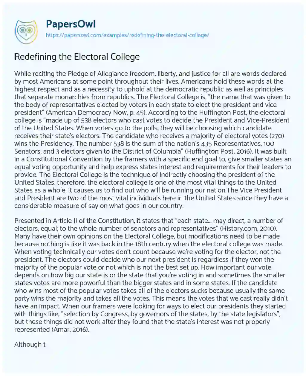 Essay on Redefining the Electoral College