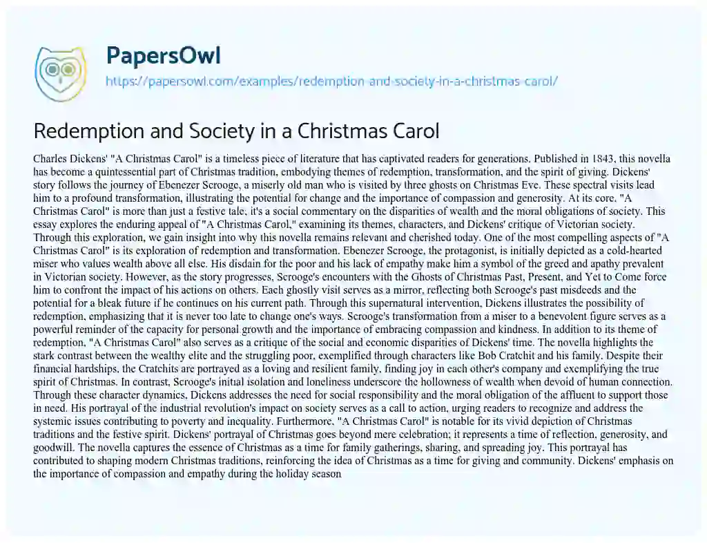 Essay on Redemption and Society in a Christmas Carol