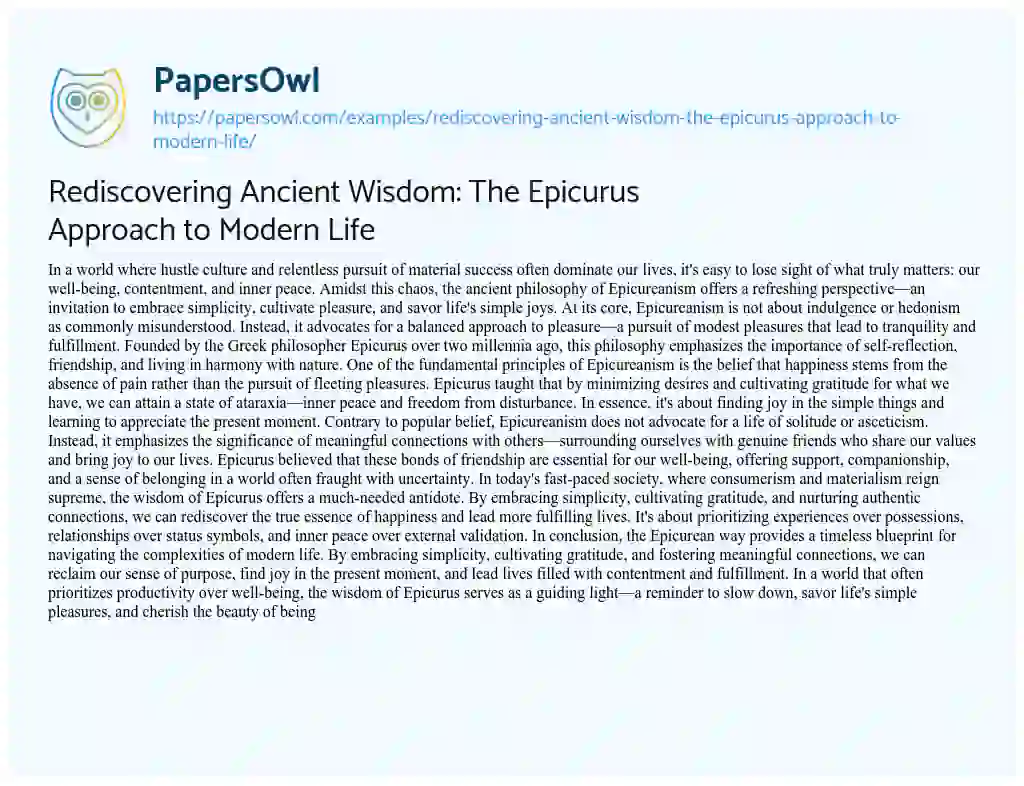 Essay on Rediscovering Ancient Wisdom: the Epicurus Approach to Modern Life