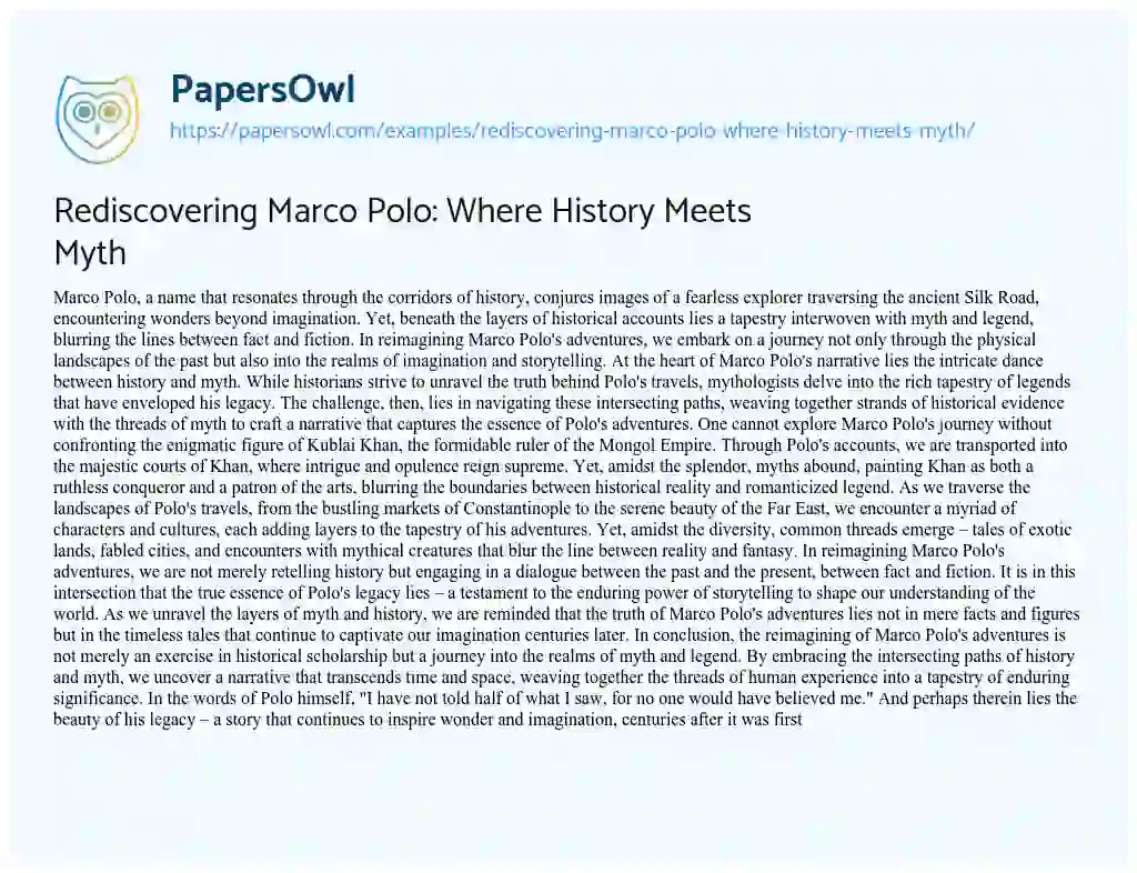 Essay on Rediscovering Marco Polo: where History Meets Myth