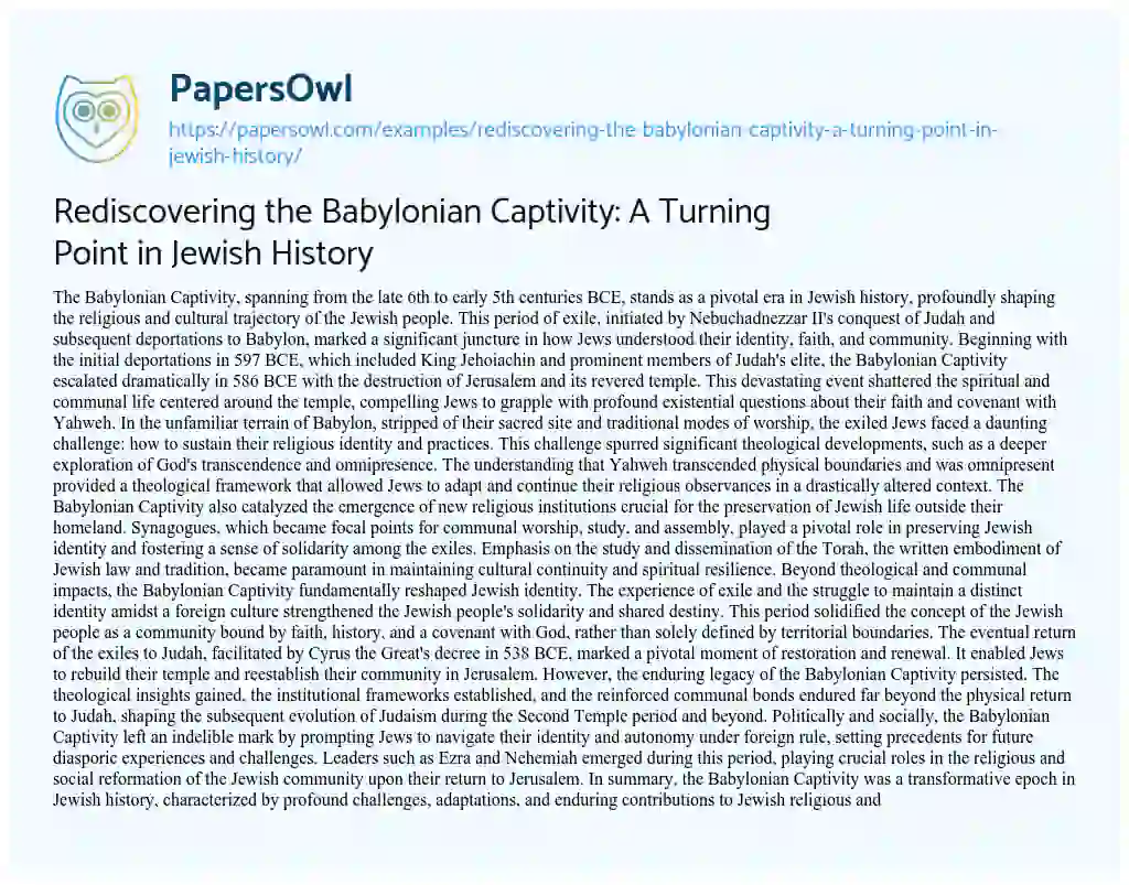 Essay on Rediscovering the Babylonian Captivity: a Turning Point in Jewish History