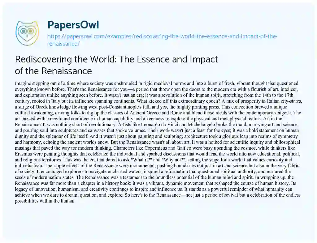 Essay on Rediscovering the World: the Essence and Impact of the Renaissance