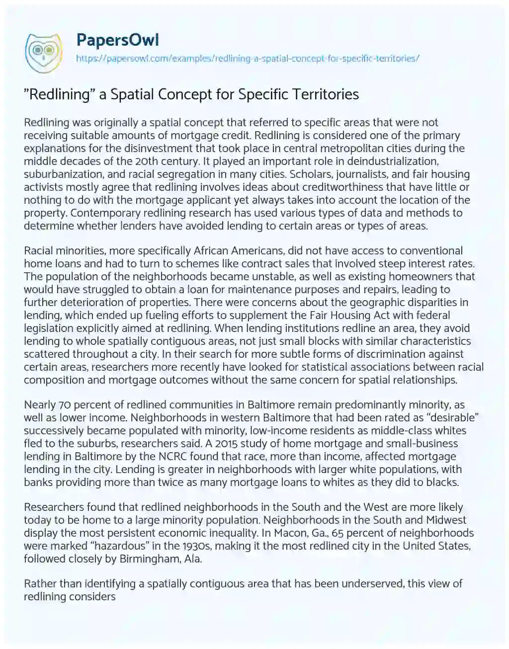 Essay on “Redlining” a Spatial Concept for Specific Territories