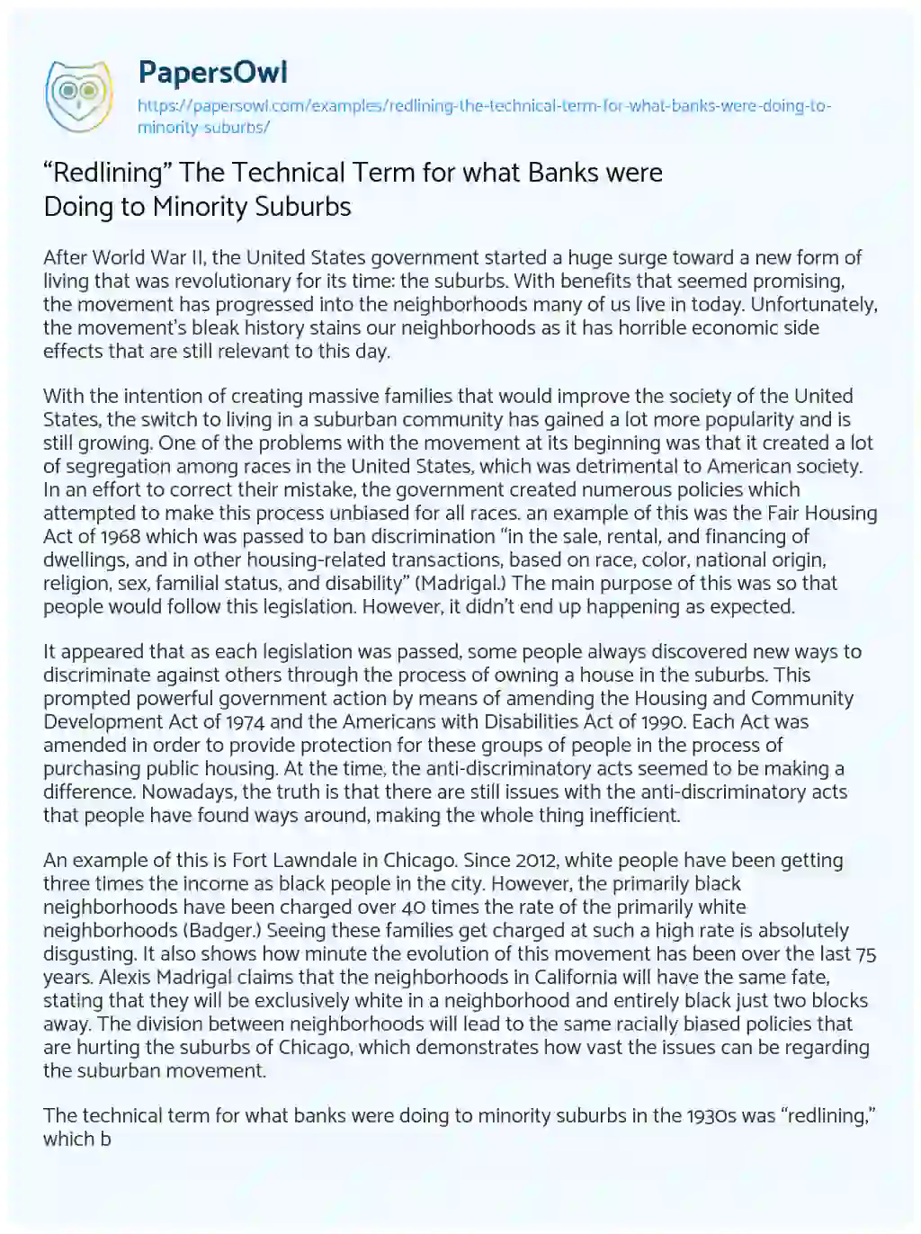Essay on “Redlining” the Technical Term for what Banks were doing to Minority Suburbs