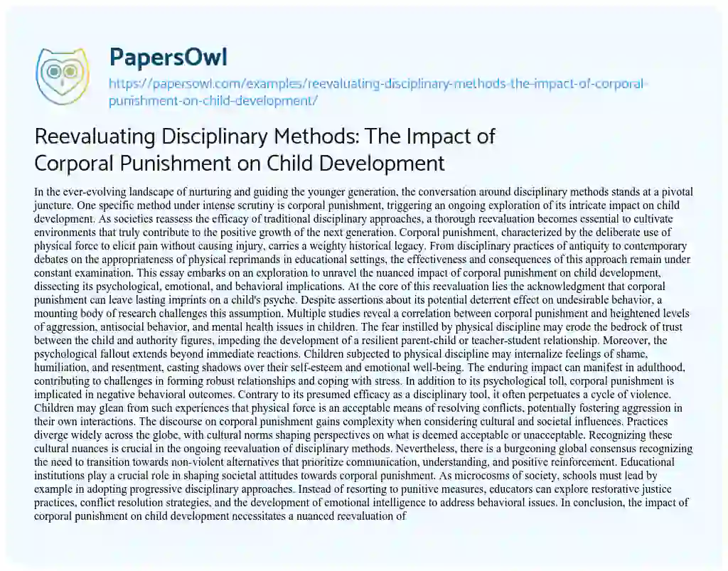 Essay on Reevaluating Disciplinary Methods: the Impact of Corporal Punishment on Child Development
