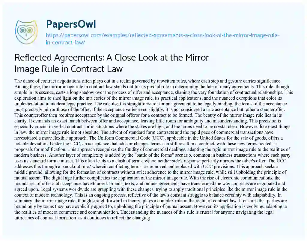 Essay on Reflected Agreements: a Close Look at the Mirror Image Rule in Contract Law