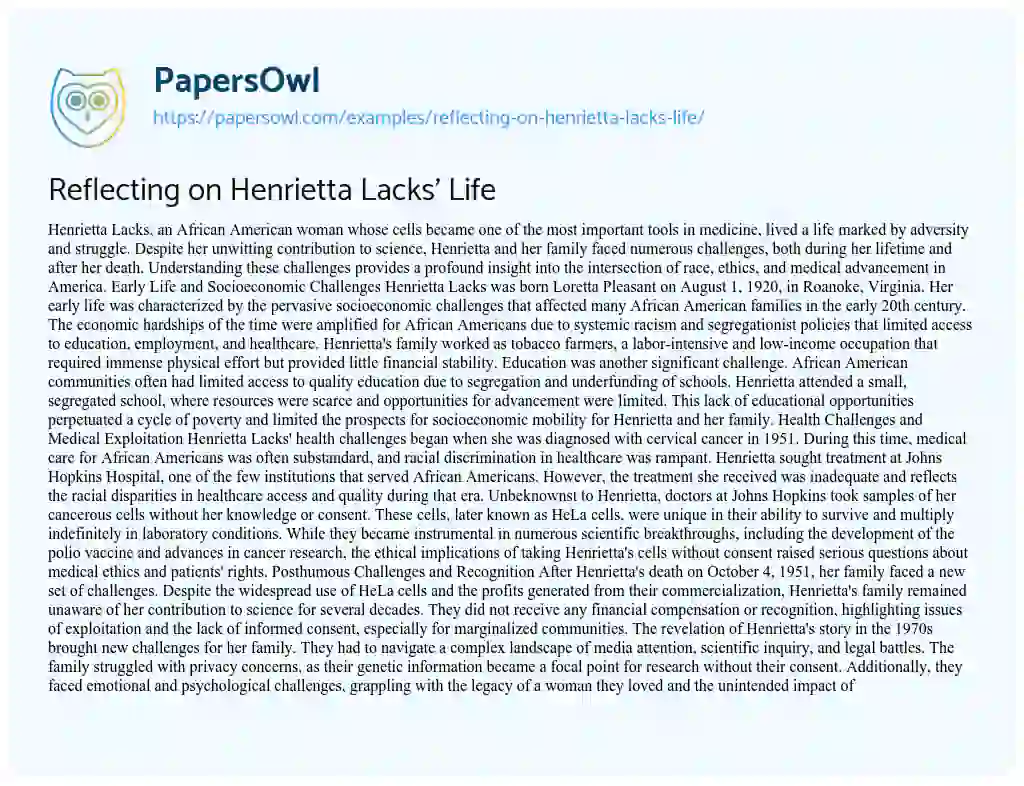 Essay on Reflecting on Henrietta Lacks’ Life