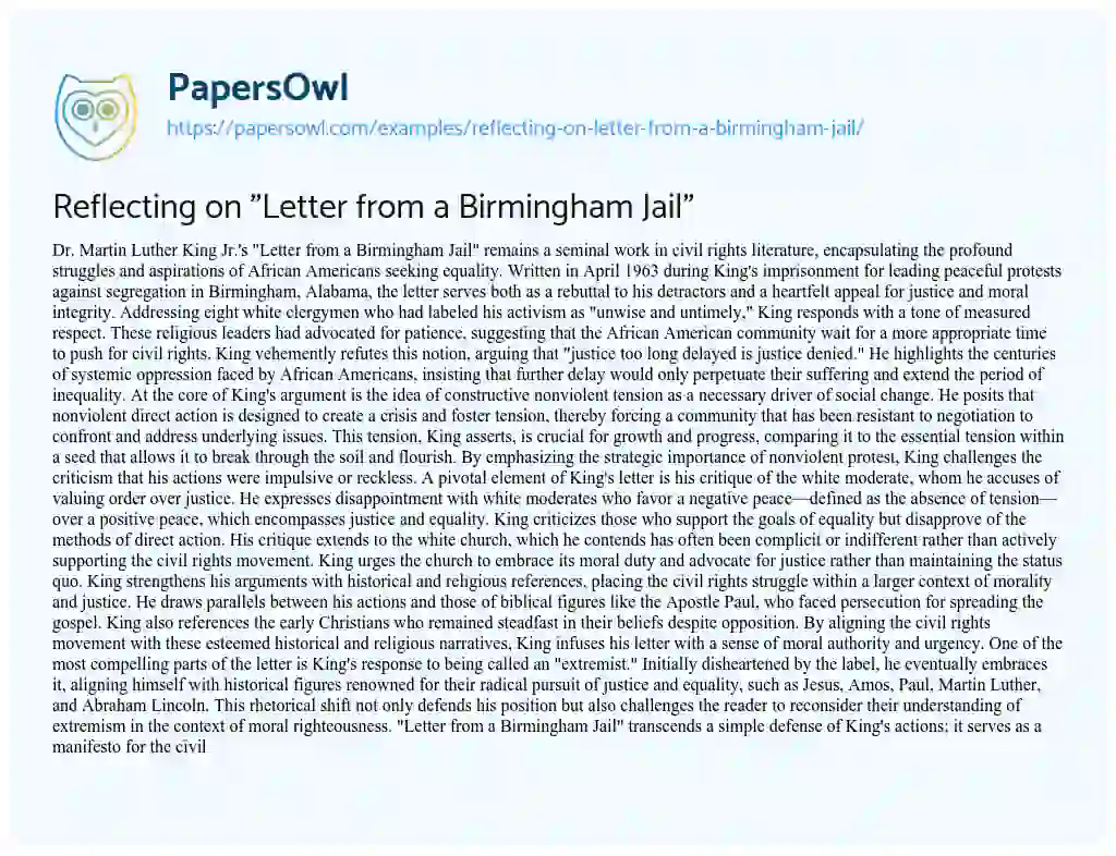 Essay on Reflecting on “Letter from a Birmingham Jail”