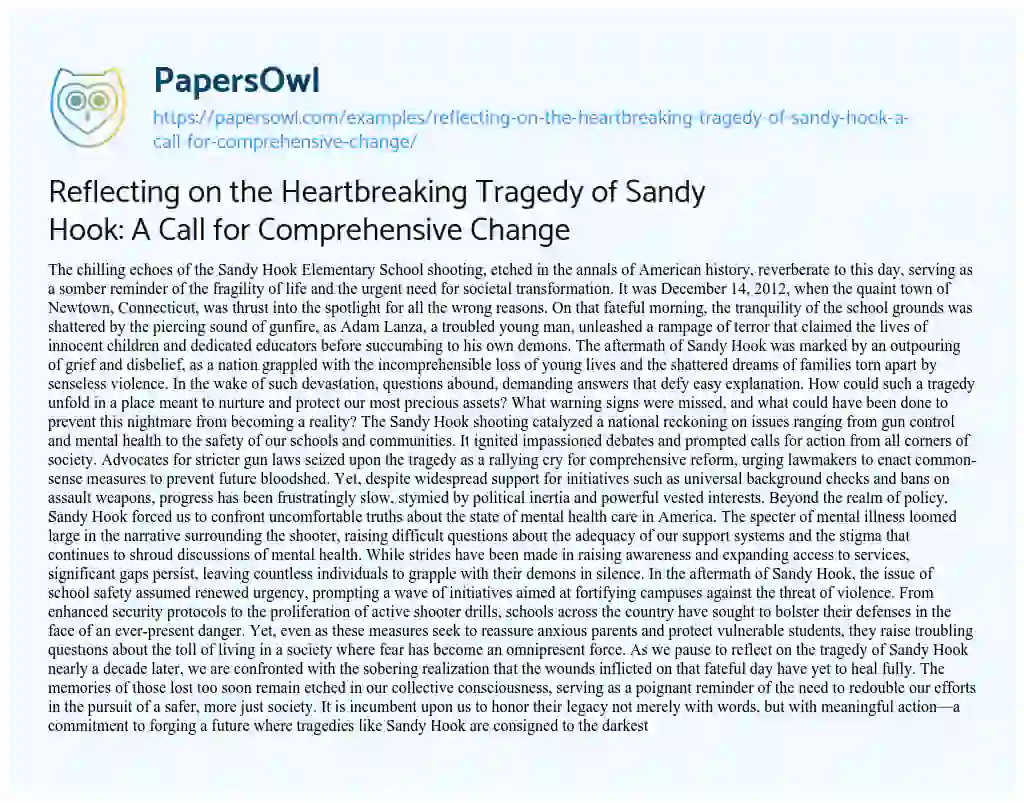 Essay on Reflecting on the Heartbreaking Tragedy of Sandy Hook: a Call for Comprehensive Change