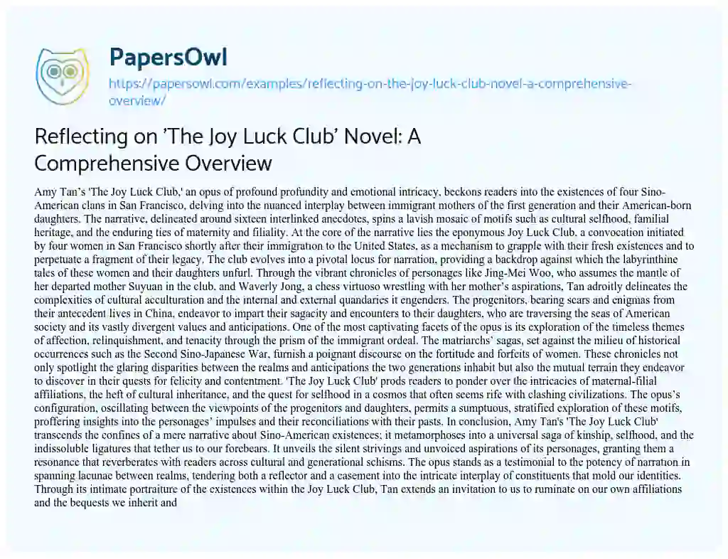 Essay on Reflecting on ‘The Joy Luck Club’ Novel: a Comprehensive Overview