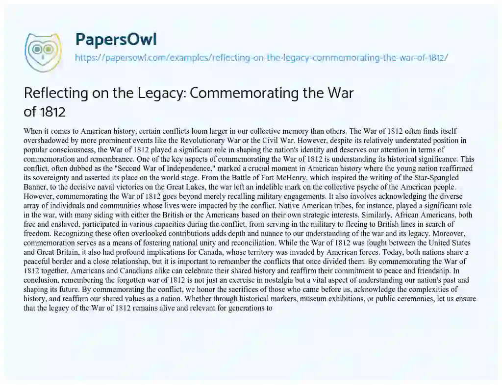 Essay on Reflecting on the Legacy: Commemorating the War of 1812
