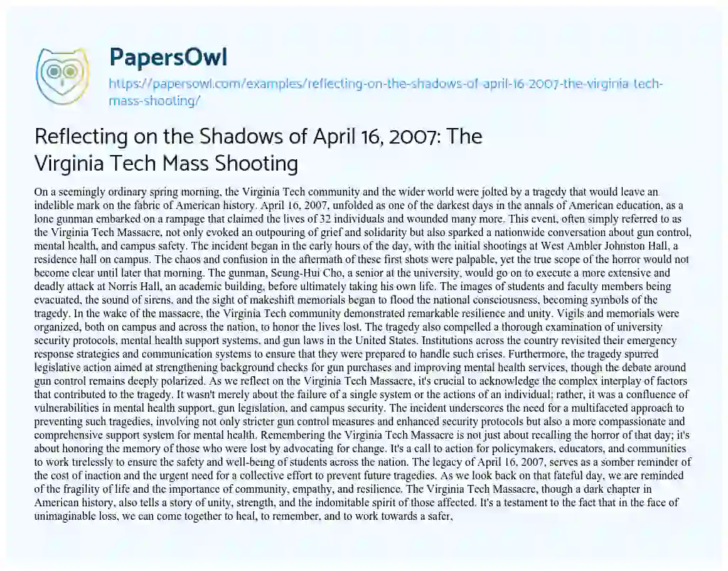 Essay on Reflecting on the Shadows of April 16, 2007: the Virginia Tech Mass Shooting