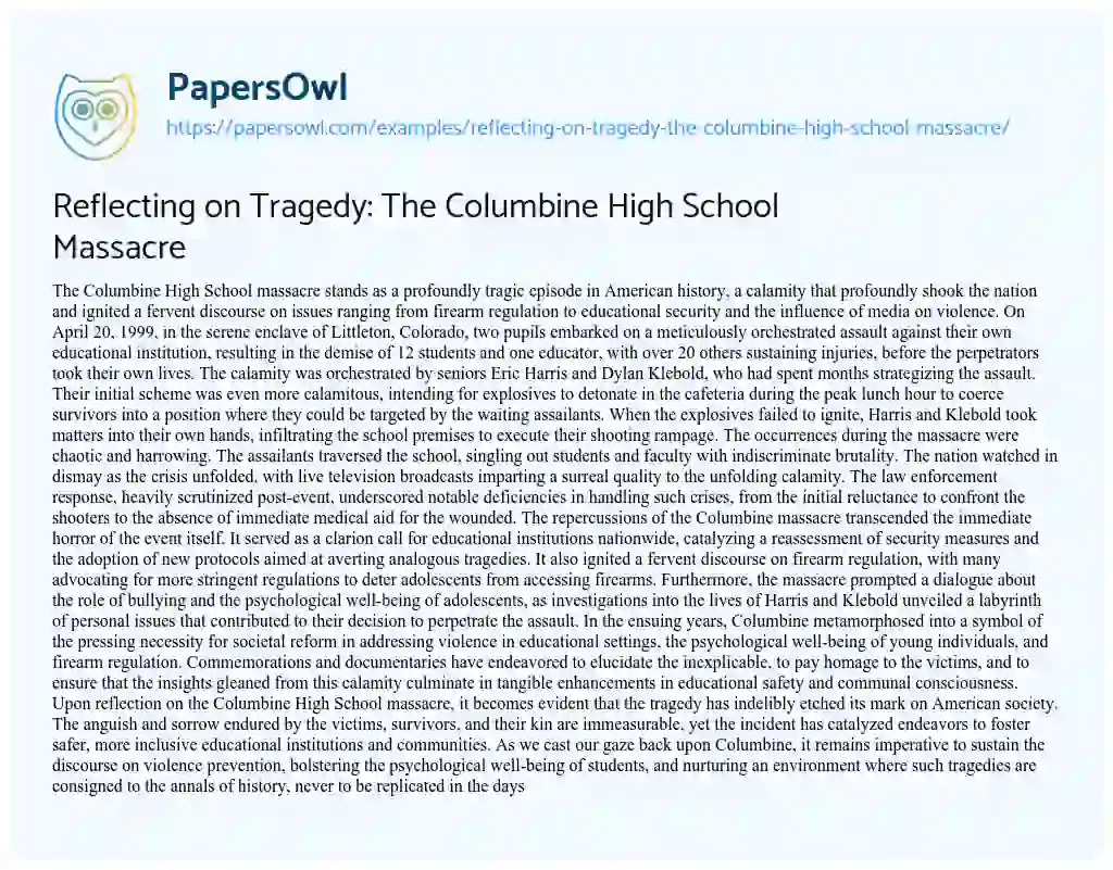 Essay on Reflecting on Tragedy: the Columbine High School Massacre