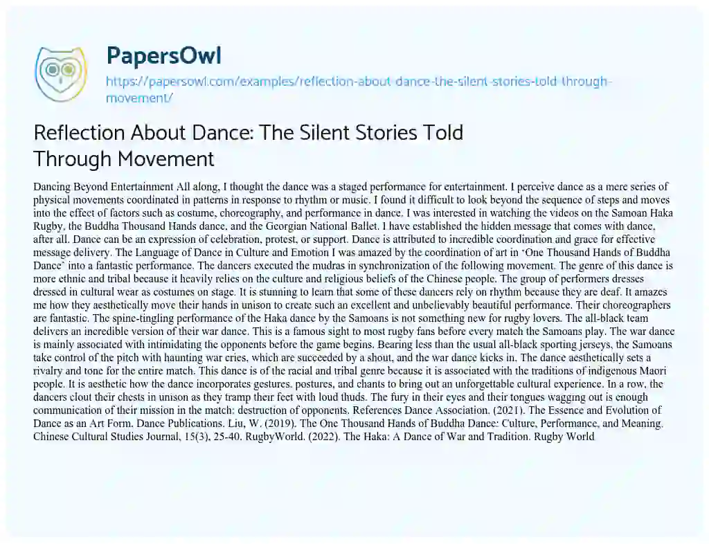 Essay on Reflection about Dance: the Silent Stories Told through Movement