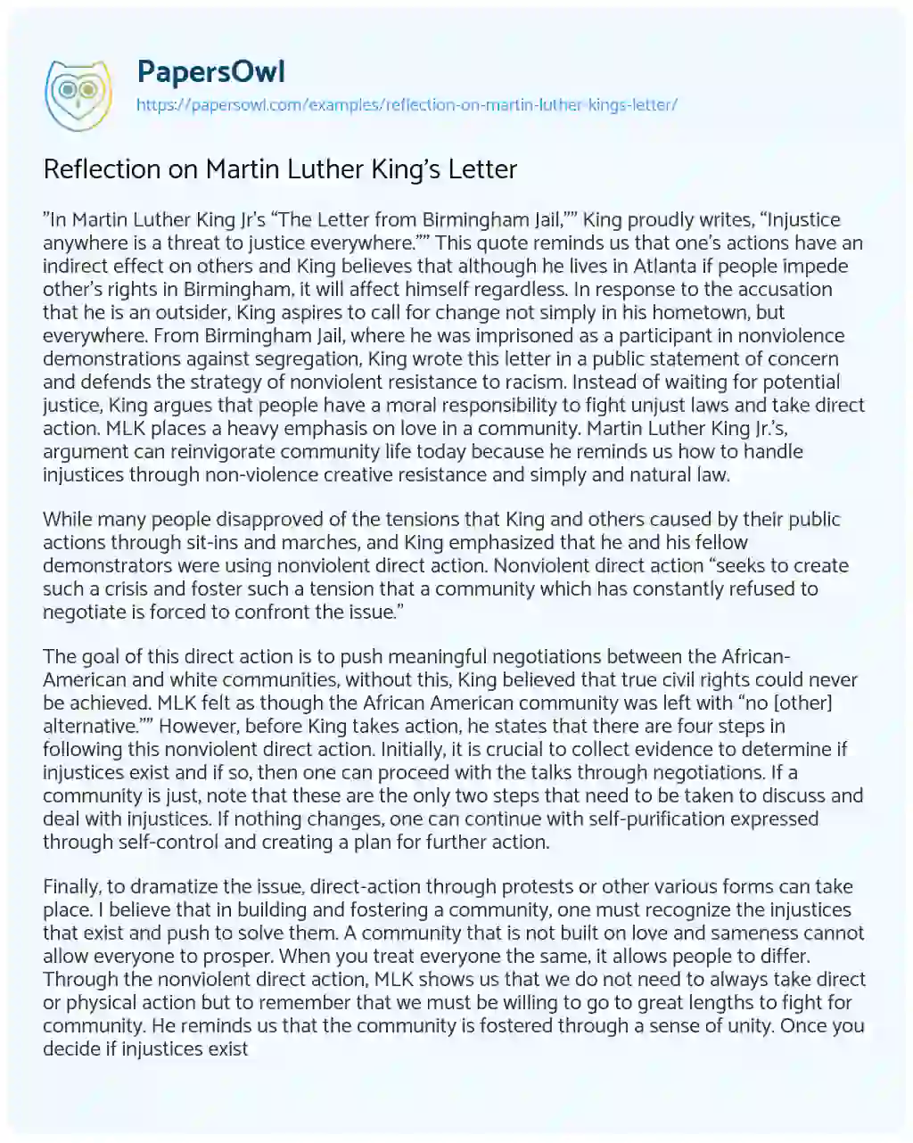 Reflection on Martin Luther King’s Letter essay