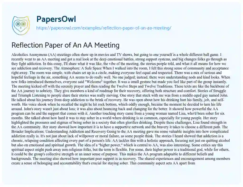 Essay on Reflection Paper of an AA Meeting