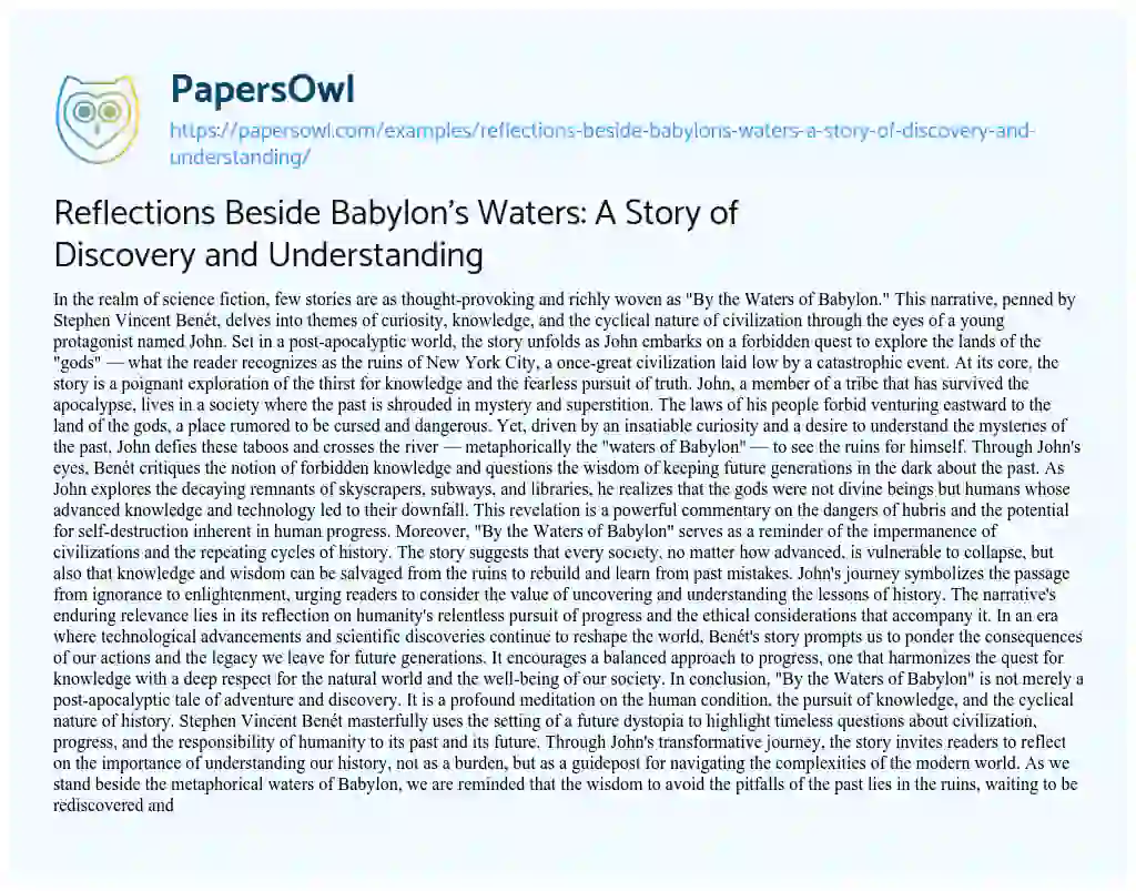 Essay on Reflections Beside Babylon’s Waters: a Story of Discovery and Understanding