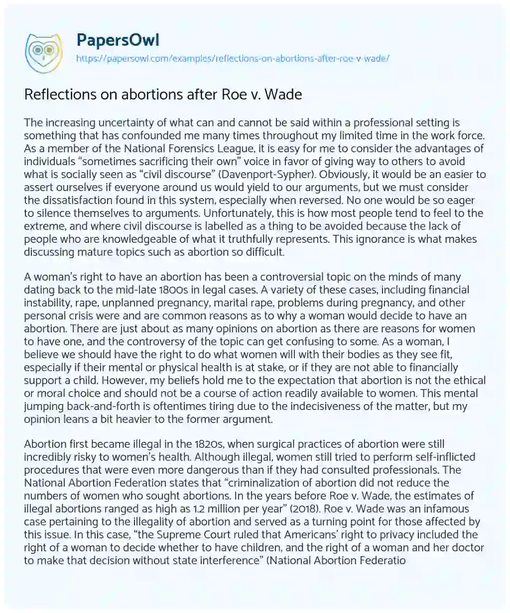 Essay on Reflections on Abortions after Roe V. Wade