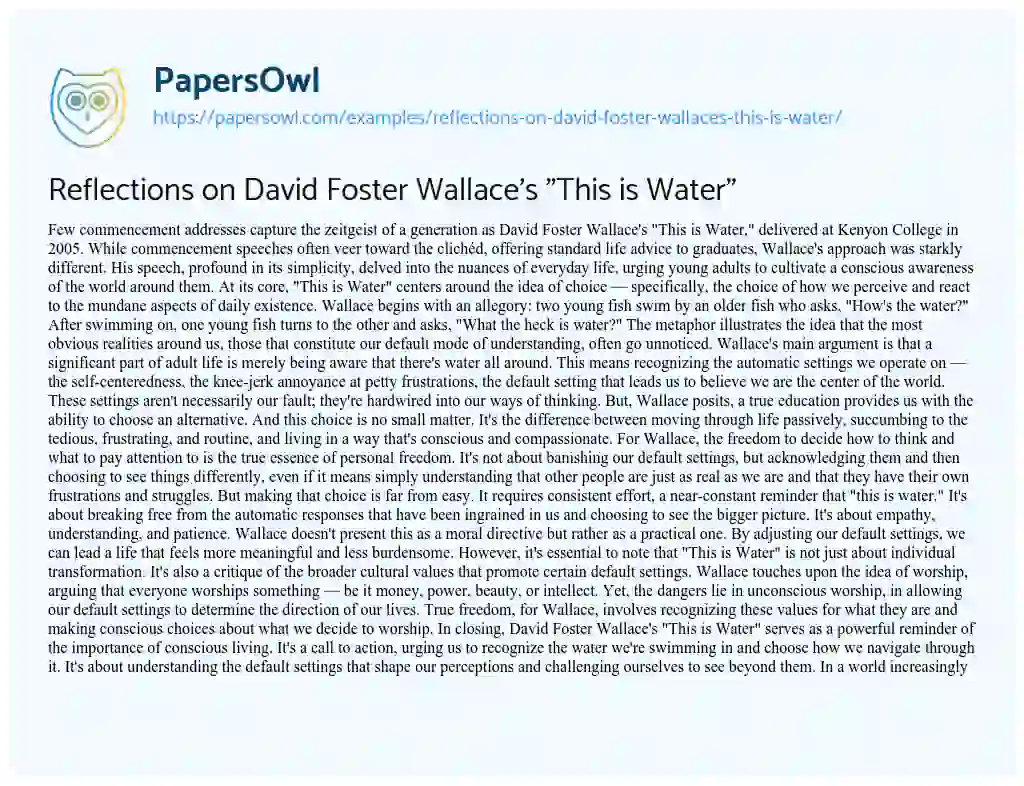 Essay on Reflections on David Foster Wallace’s “This is Water”