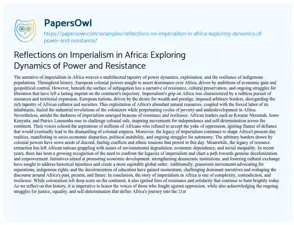 Essay on Reflections on Imperialism in Africa: Exploring Dynamics of Power and Resistance