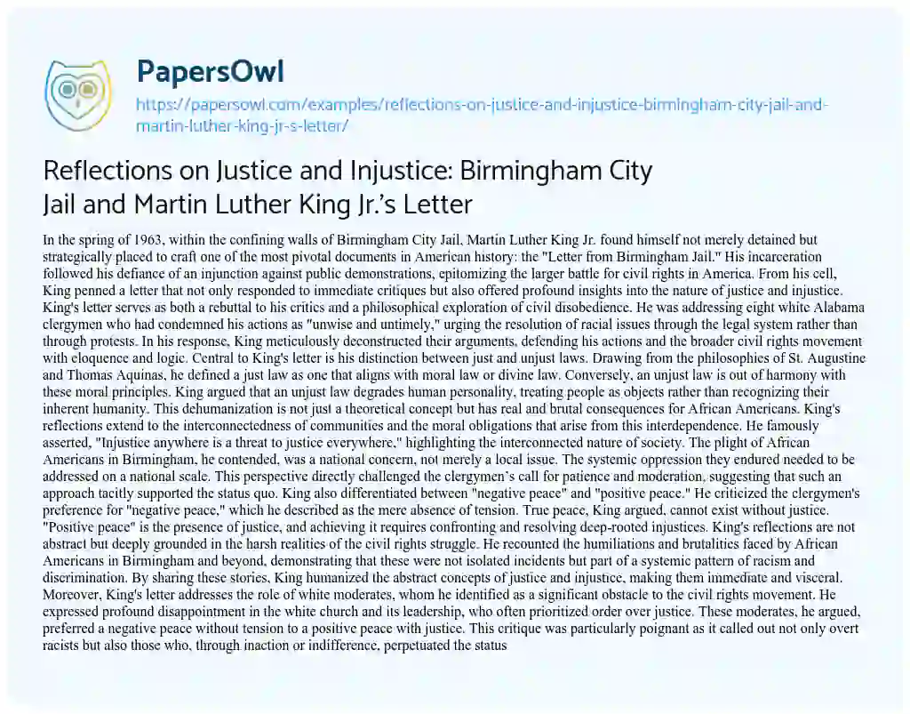 Essay on Reflections on Justice and Injustice: Birmingham City Jail and Martin Luther King Jr.’s Letter