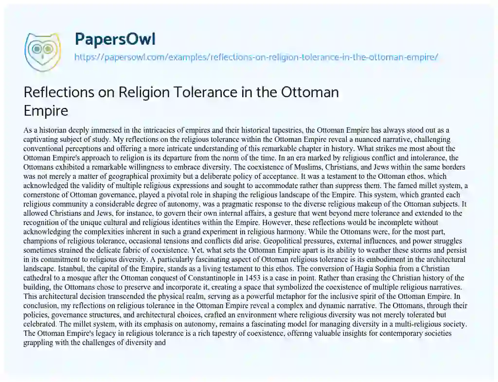 Essay on Reflections on Religion Tolerance in the Ottoman Empire
