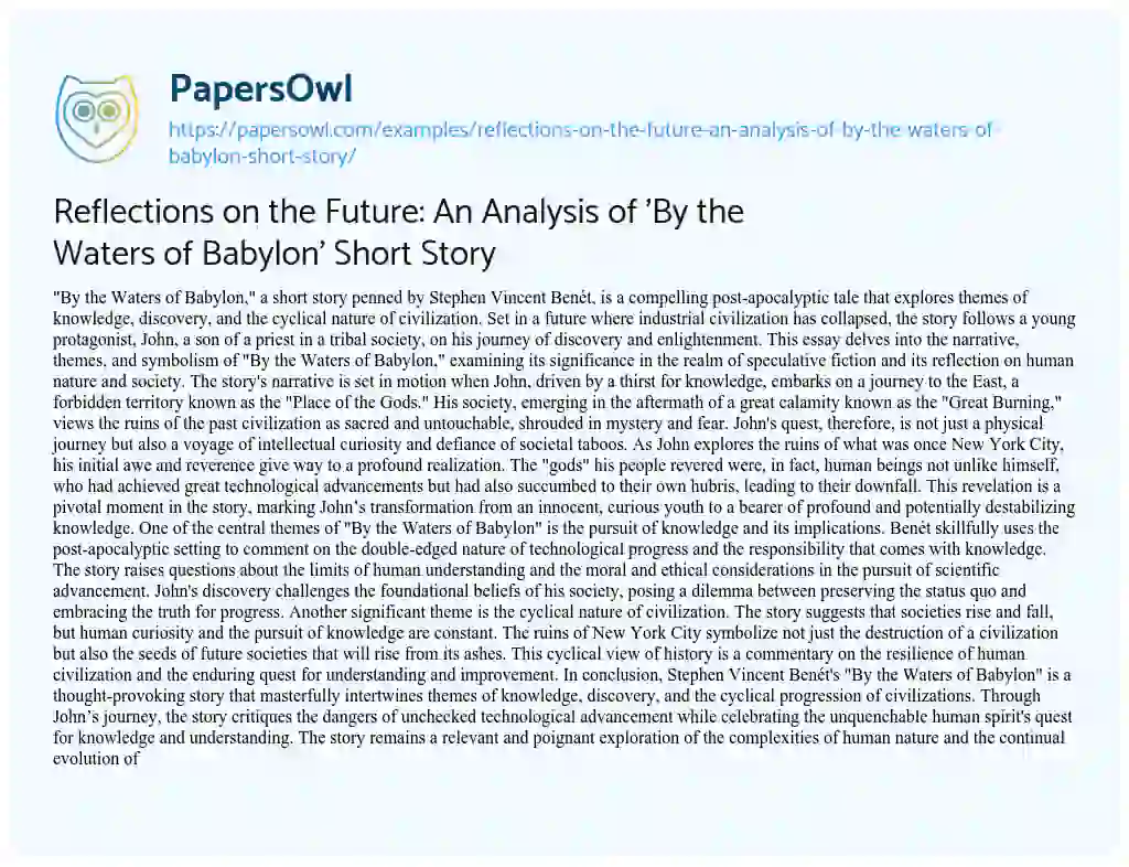 Essay on Reflections on the Future: an Analysis of ‘By the Waters of Babylon’ Short Story