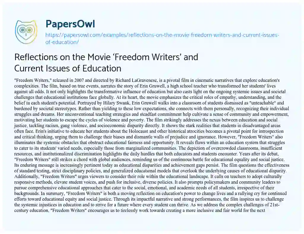 Essay on Reflections on the Movie ‘Freedom Writers’ and Current Issues of Education